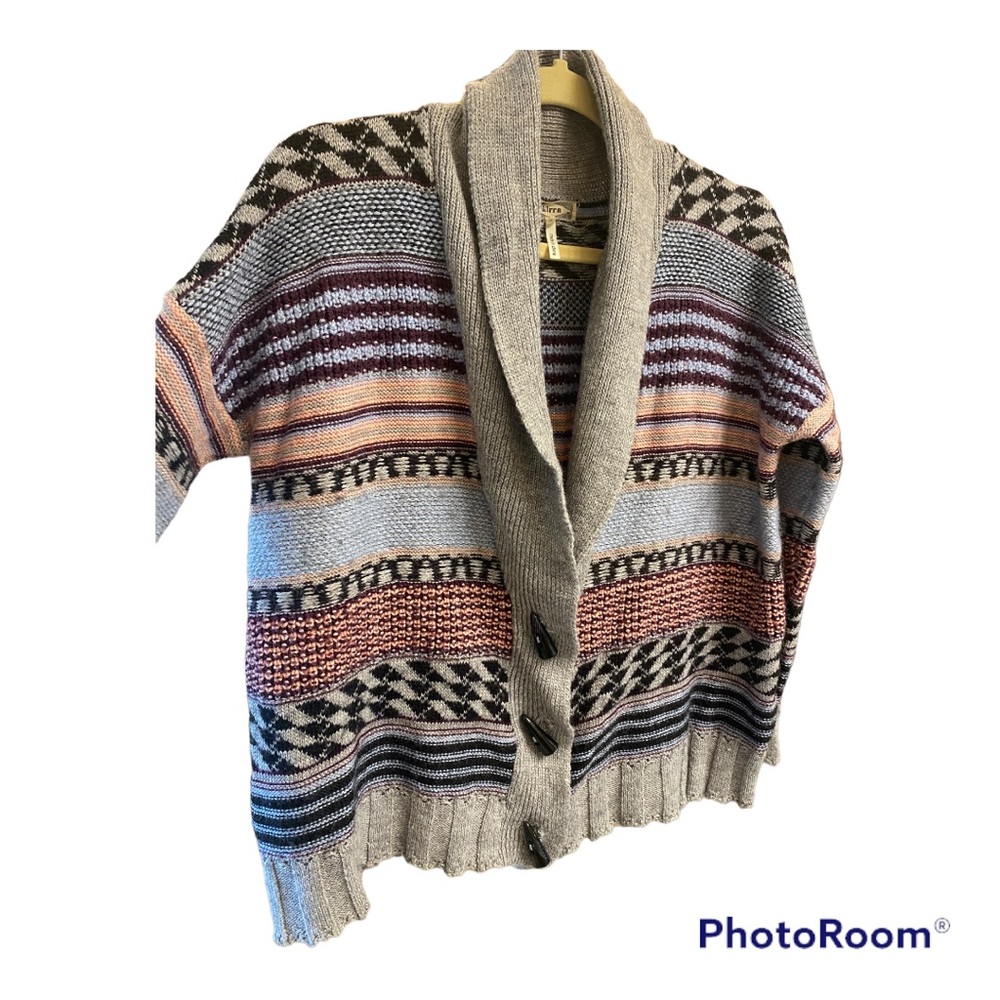 Kirra Wool Blend cardigan, oversized, geometric pattern with toggle buttons.